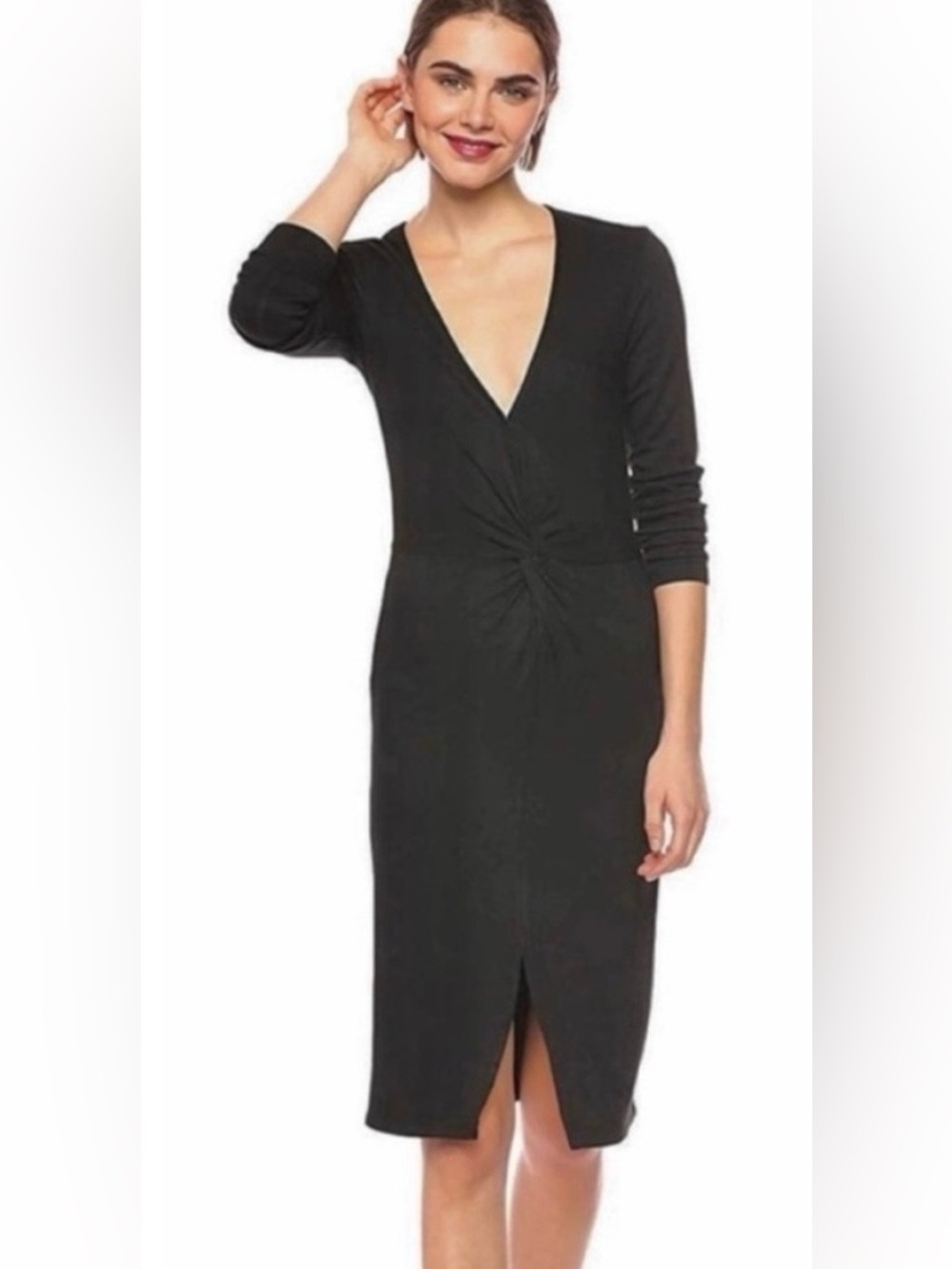 Cupcakes and Cashmere Janette Black Twist Front Knit Midi Dress XS Quiet Luxury